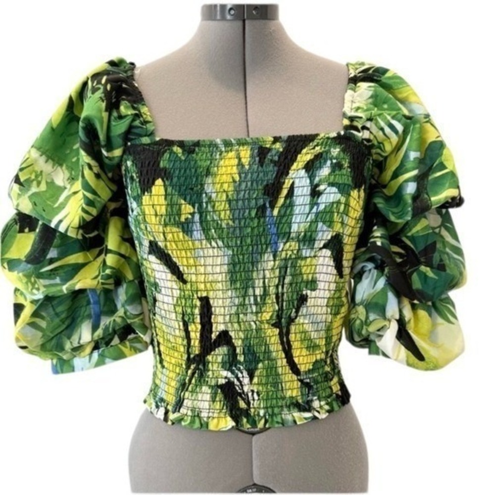 Live 4 Truth Green Tropical Palm Print Smocked Tiered Puff Sleeve Crop Top S - Picture 3 of 9